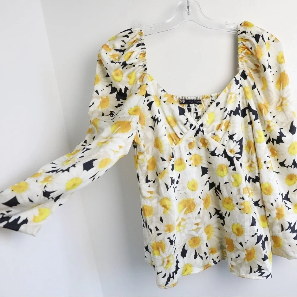 Zara floral daisy print top yellow blouse puff sleeve flowers spring summer S